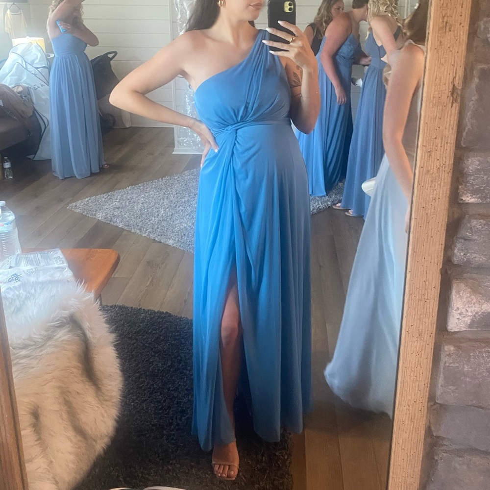Azazie Brooke One Shoulder in Steel Blue. Is not maternity but can be (see pics) - Picture 7 of 8